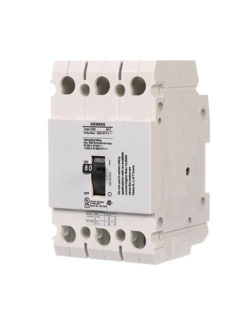 Siemens Industry CQD380 480/277 Volt 80 Amp 14 kaic 3-Pole Type CQD Circuit Breaker with DIN Rail Siemens Industry CQD380 480/277 Volt 80 Amp 14 kaic 3-Pole Type CQD Circuit Breaker with DIN Rail