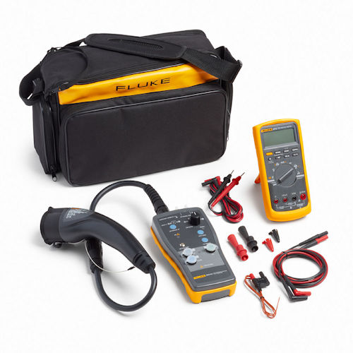 Product image for Fluke FLK-FEV100/TY1-KIT eMobility Tool Kit w/ FEV100 Test Adapter, 87V Multimeter and Test Leads, for EV Charging Stations