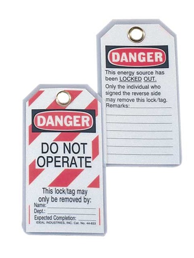 Product image for Ideal 44-833 Heavy-Duty Lockout Tags - "DO NOT OPERATE", Red Striped Background (Card of 5)