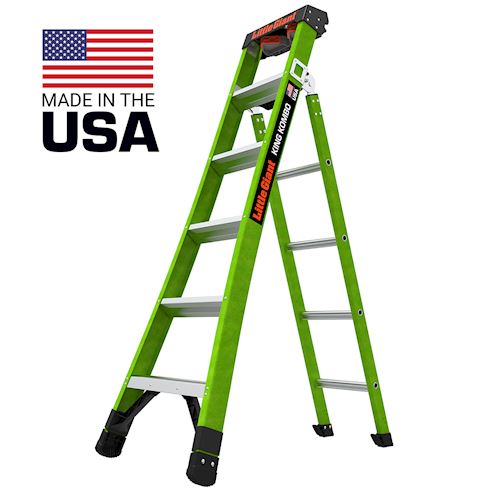 Little Giant 13906-071 KING KOMBO 2.0&#8482; 6ft Fiberglass 3-in-1 Combination Ladder w/ Rotating Wall Pad, One-Handed Release Hinge, Industrial Grade, ANSI IAA, 375lb Rated