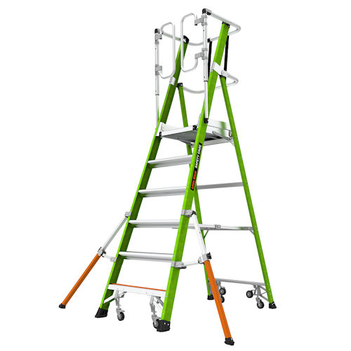 Product image for Little Giant 19706-146 SAFETY CAGE® 6ft Fiberglass Platform Ladder w/ Wheels, GROUND CUE & Adjustable Outriggers, ANSI IAA, 375lb Rated
