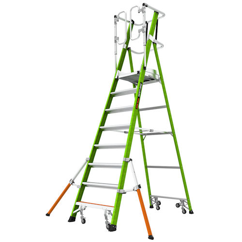 Product image for Little Giant 19708-146 SAFETY CAGE® 8ft Fiberglass Platform Ladder w/ Wheels, GROUND CUE & Adjustable Outriggers, ANSI IAA, 375lb Rated