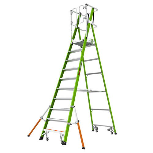 Product image for Little Giant 19710-146 SAFETY CAGE® 10ft Fiberglass Platform Ladder w/ Wheels, GROUND CUE & Adjustable Outriggers, ANSI IA, 300lb Rated