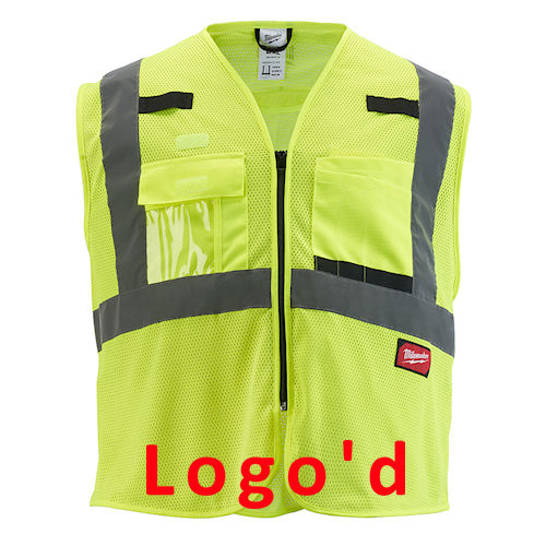 Product image for Milwaukee 48-73-5112-FISK Class 2 High Visibility Yellow Mesh Safety Vest - L/XL (Fisk Electric Logo'd)