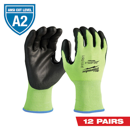 Product image for Milwaukee 48-73-8923B High Visibility Polyurethane Dipped Gloves, ANSI Cut Level 2 - XLarge (Pack of 12pr)
