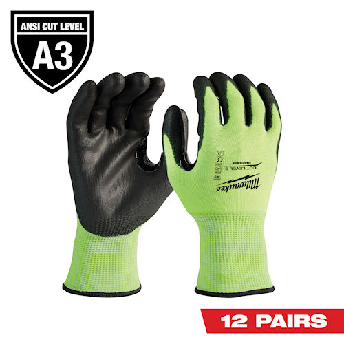 Milwaukee 48-73-8931B High Visibility Polyurethane Dipped Gloves, ANSI Cut Level 3 - Medium (Pack of 12pr) Product image for Milwaukee 48-73-8931B High Visibility Polyurethane Dipped Gloves, ANSI Cut Level 3 - Medium (Pack of 12pr)
