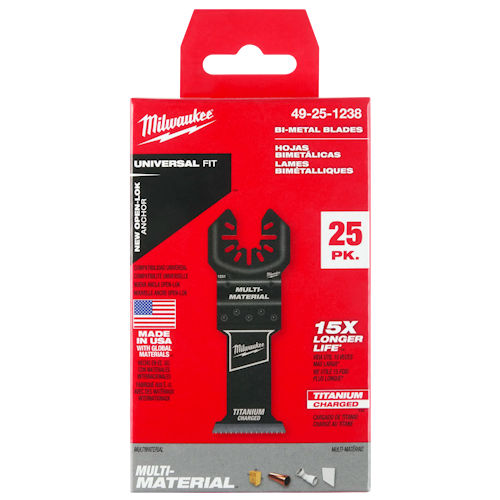 Product image for Milwaukee 49-25-1238 Bi-Metal Multi-Material Universal Fit Oscillating Multi-Tool Blades, 1-3/8" Cutting Width (25-Pack)