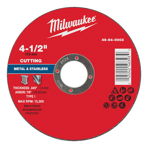 Product image for Milwaukee 49-94-0003 4-1/2" x .045" x 7/8" Metal Cut Off Wheel, Type 1
