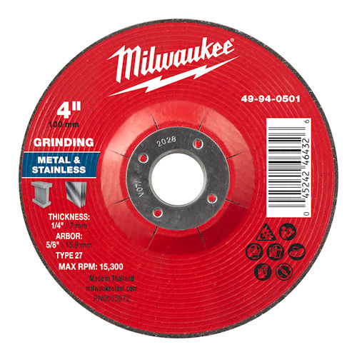 Product image for Milwaukee 49-94-0501 4" x 1/4" x 5/8" Metal Grinding Wheel, Type 27