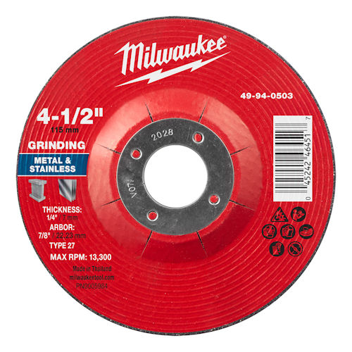 Product image for Milwaukee 49-94-0503 4-1/2" x 1/4" x 7/8" Metal Grinding Wheel, Type 27