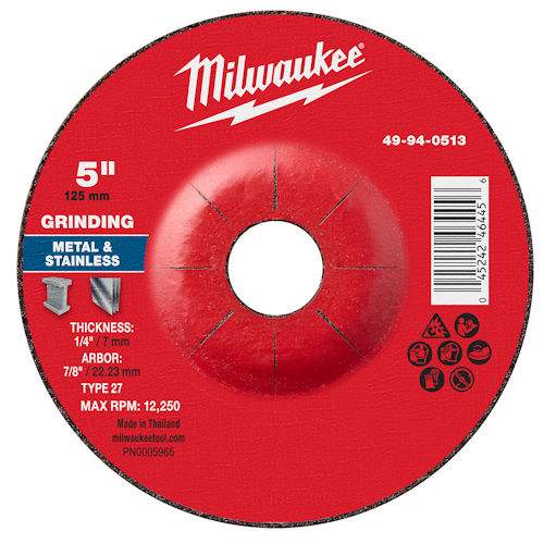 Product image for Milwaukee 49-94-0513 5" x 1/4" x 7/8" Metal Grinding Wheel, Type 27