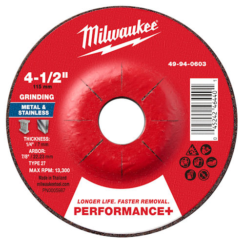 Product image for Milwaukee 49-94-0603 4-1/2" x 1/4" x 7/8" Performance+ Metal Grinding Wheel, Type 27