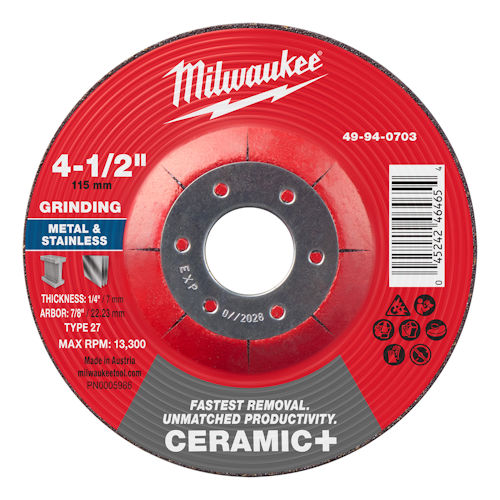 Product image for Milwaukee 49-94-0703 4-1/2" x 1/4" x 7/8" Ceramic+ Metal Grinding Wheel, Type 27