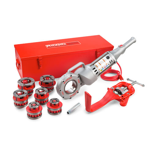 Product image for Ridgid 45178 #700 Hand-Held Power Drive Kit, 1/2" to 2" Pipe Capacity, 115V 50/60Hz, 26-30 RPM, w/ Die Heads, Case & Support Arm