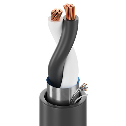 Product image for Belden 1032A PLTC Instrumentation Cable, UL Instrumentation, 1 Pair 18AWG (7x26) Bare Copper, PVC Insulation E1 Color Code, Overall Beldfoil® Shield, Black PVC Outer Jacket, PLTC ITC CMG AWM 2464 SUN RES